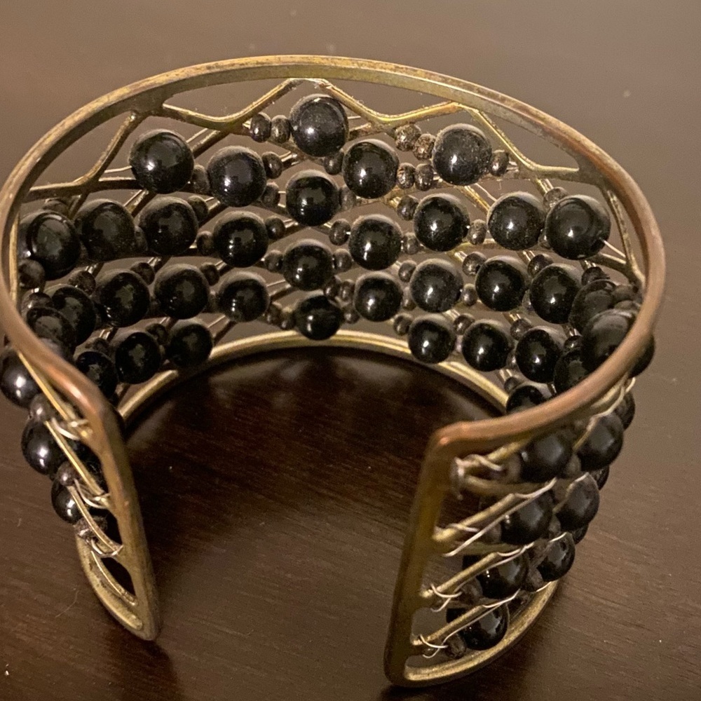 Vintage Black Beaded Cuff Bracelet Wide Metal Statement Boho Jewelry - Picture 4 of 4